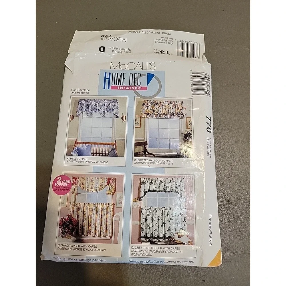 McCall's 770 HOME DECOR Uncut CAFE CURTAINS Bell & Balloon‎ Toppers Valances